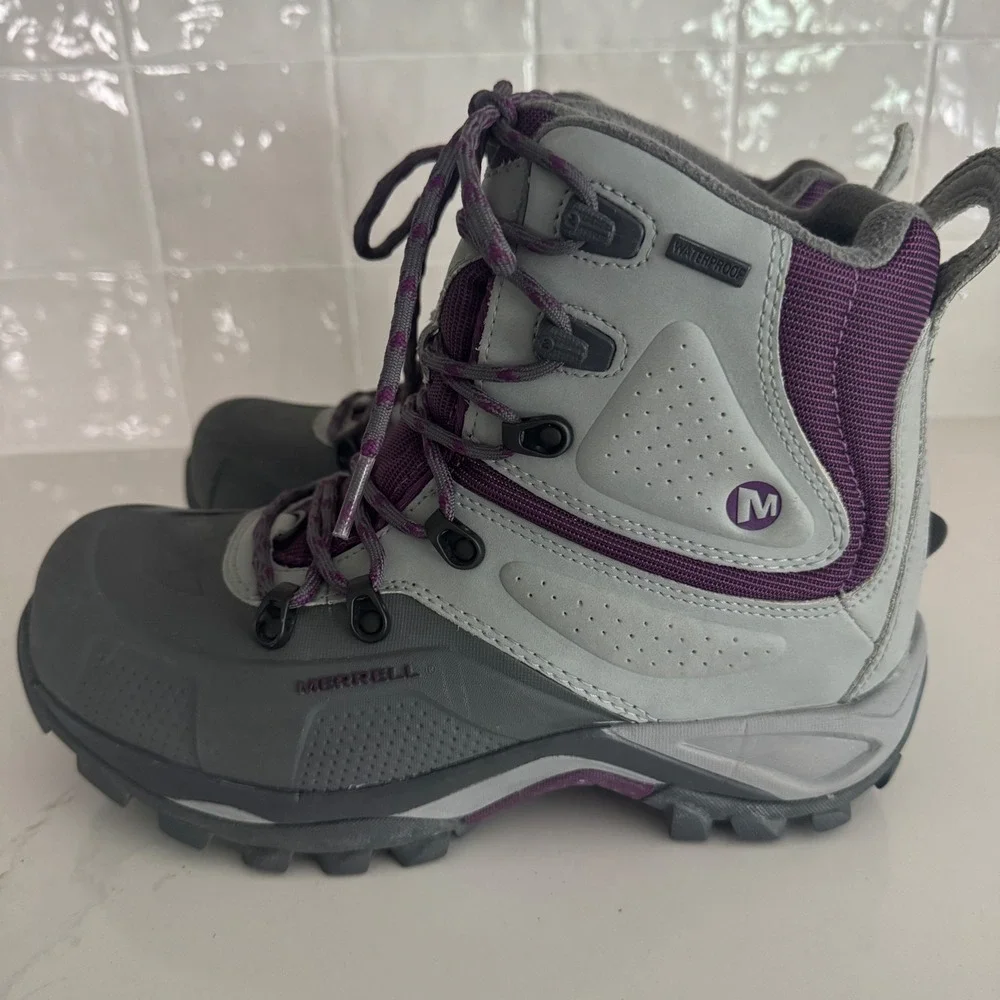 Merrell Whiteout 8 Waterproof Winter Boots Womens 7 Grey Purple 400g Insulated